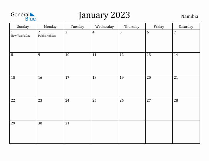 January 2023 Monthly Calendar with Namibia Holidays