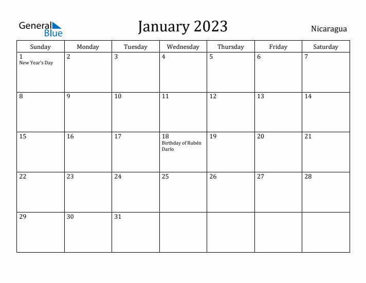 January 2023 Calendar Nicaragua