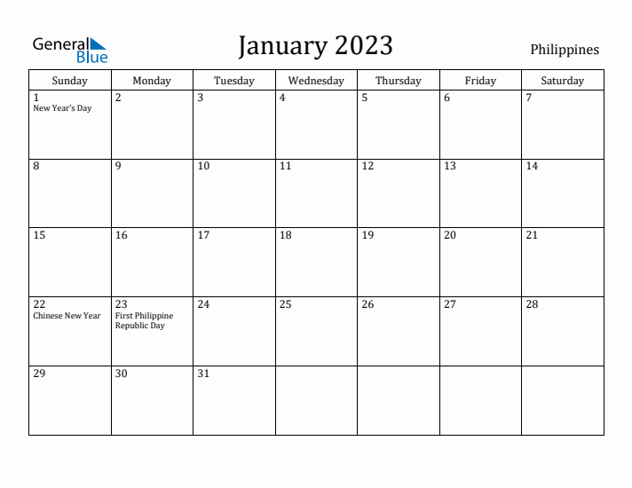 January 2023 Calendar Philippines