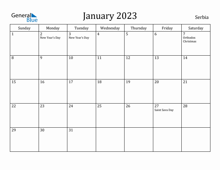 January 2023 Calendar Serbia