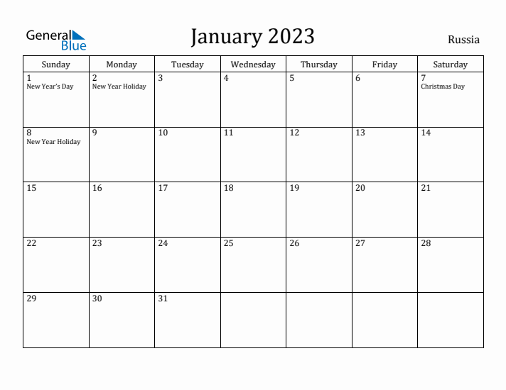 January 2023 Calendar Russia