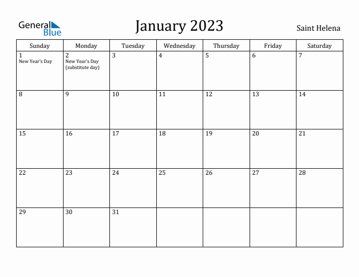 January 2023 Calendar Saint Helena