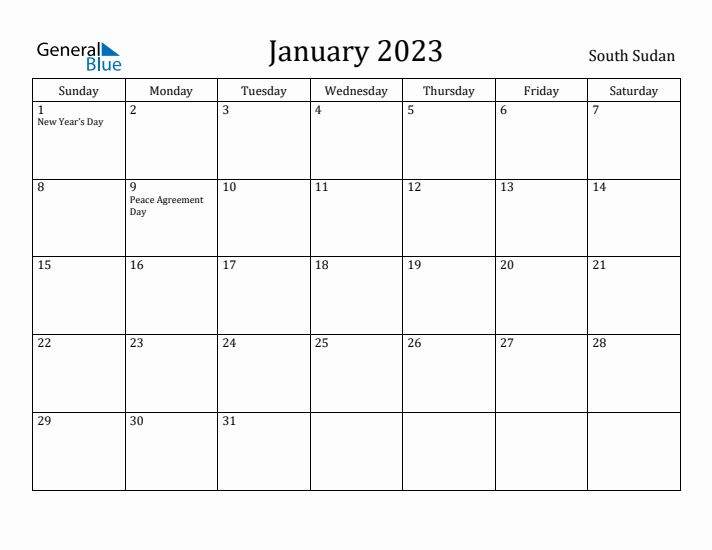 January 2023 Calendar South Sudan