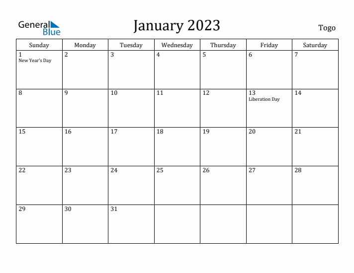 January 2023 Calendar Togo