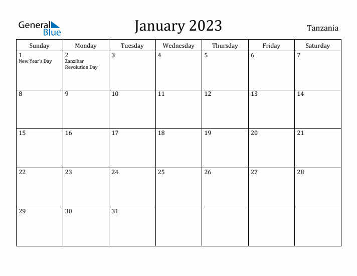 January 2023 Calendar Tanzania
