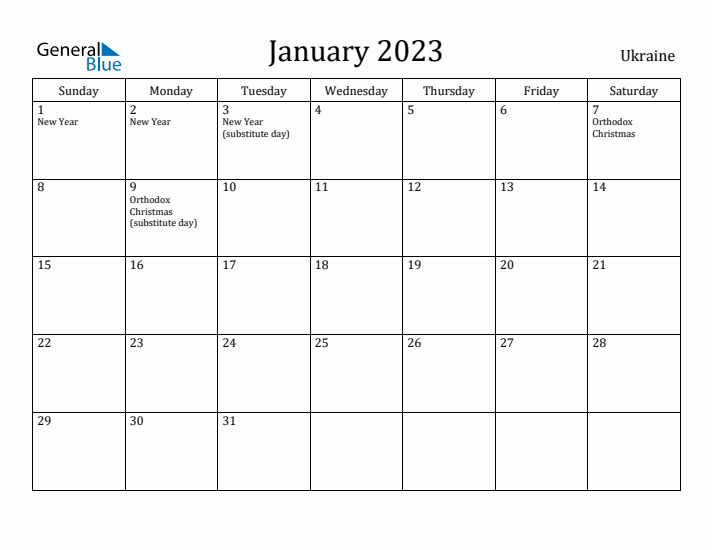 January 2023 Calendar Ukraine