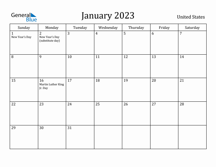 January 2023 Monthly Calendar With United States Holidays 8353