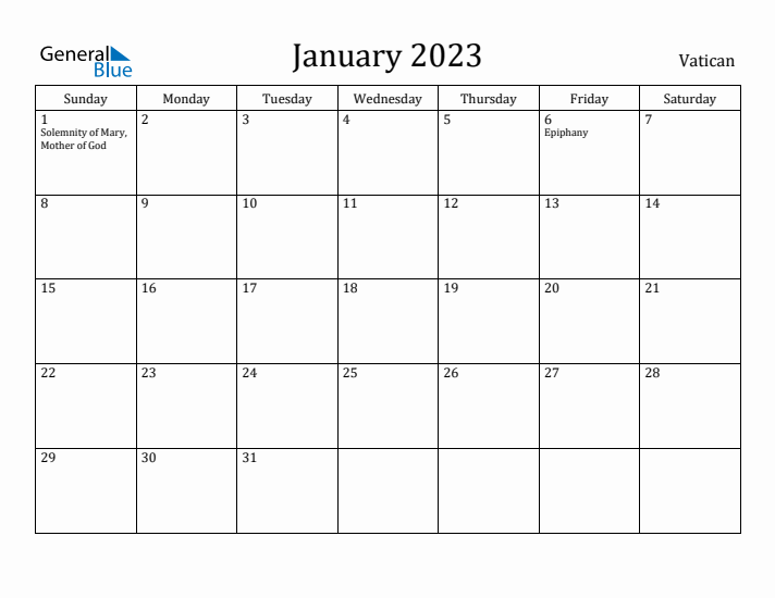 January 2023 Calendar Vatican