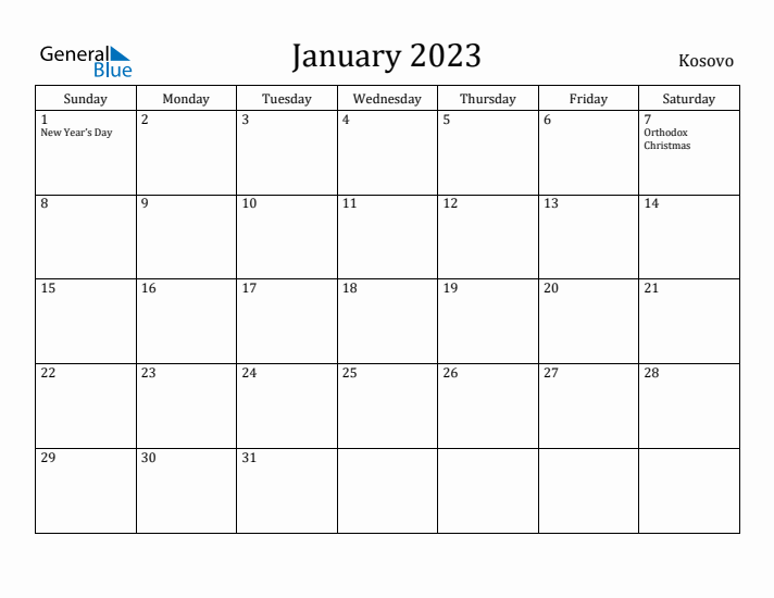 January 2023 Calendar Kosovo
