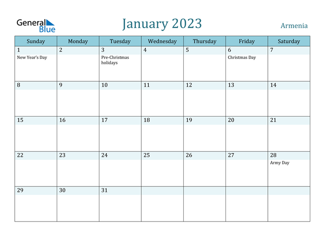 January 2023 Calendar with Holidays in PDF, Word, and Excel