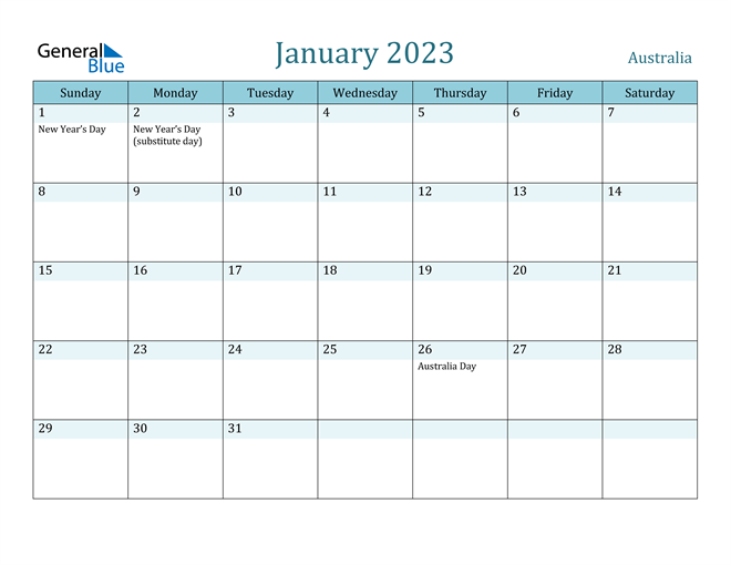 January 2023 Calendar With Australia Holidays