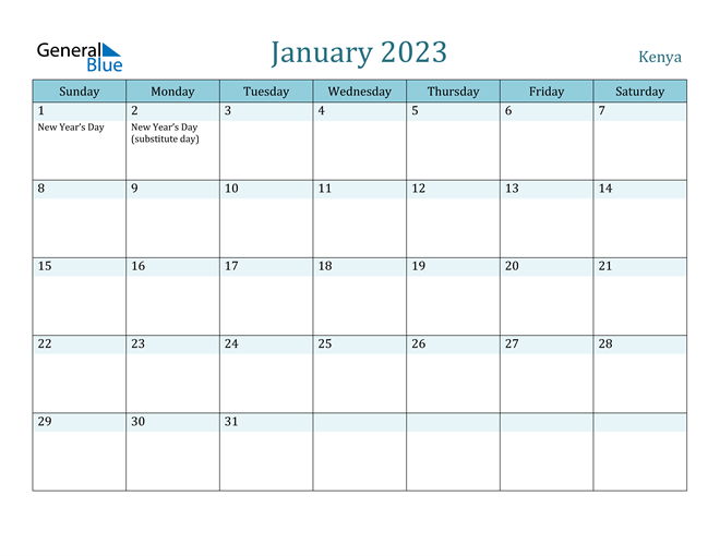 January 2023 Calendar with Kenya Holidays