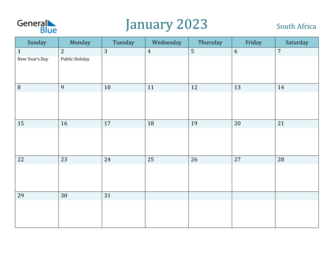 2023 Calendar Template South Africa January 2023 Calendar With South Africa Holidays