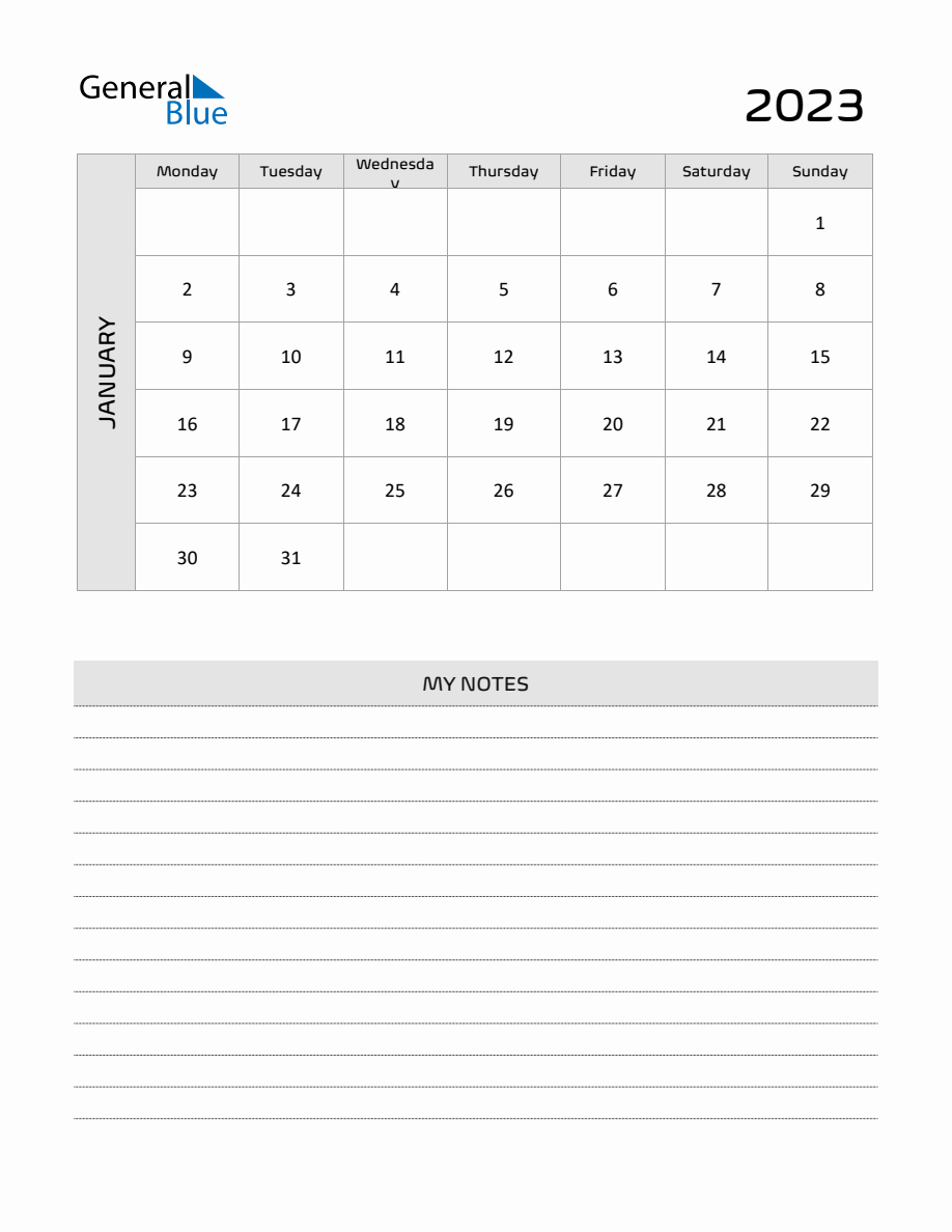 January 2023 Printable Monthly Calendar With Notes
