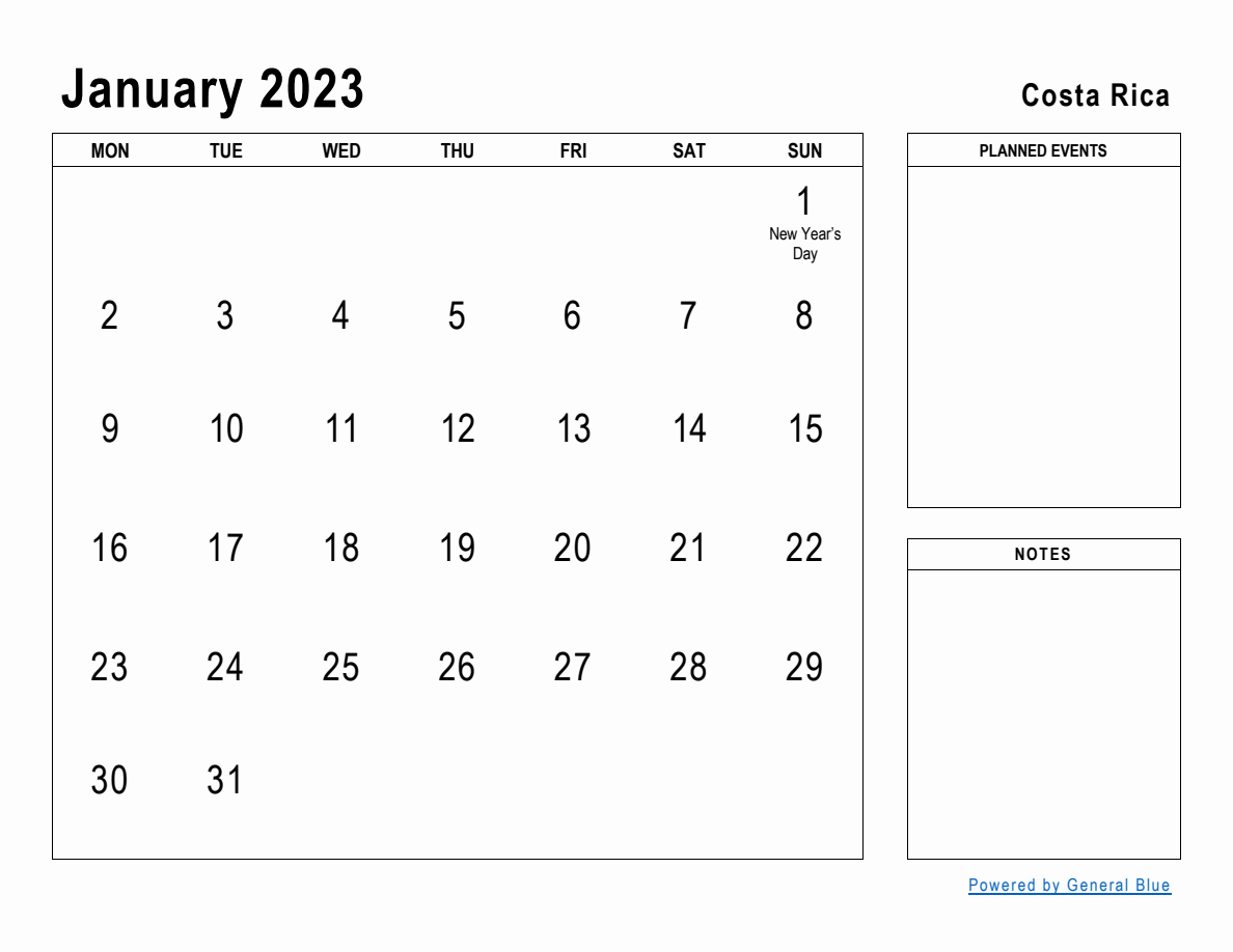 January 2023 Planner with Costa Rica Holidays