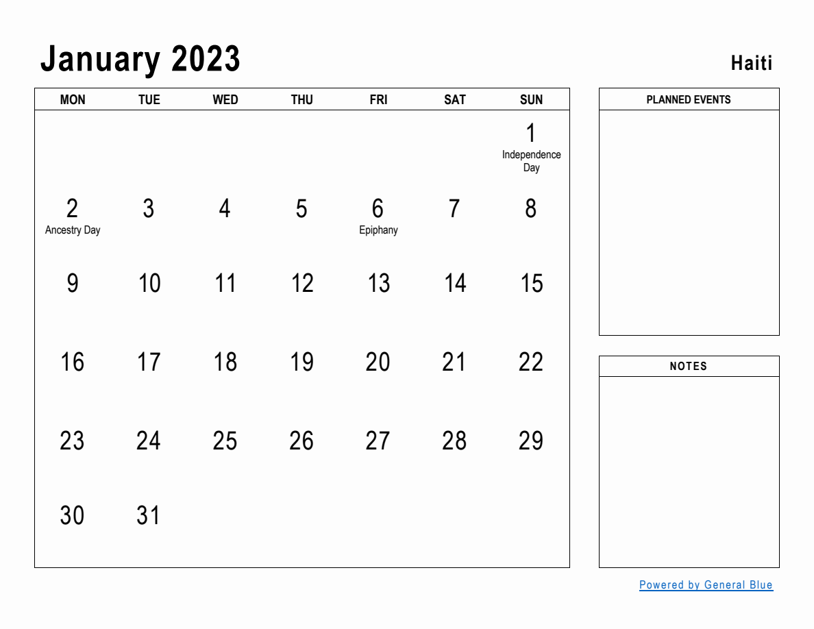 January 2023 Planner with Haiti Holidays