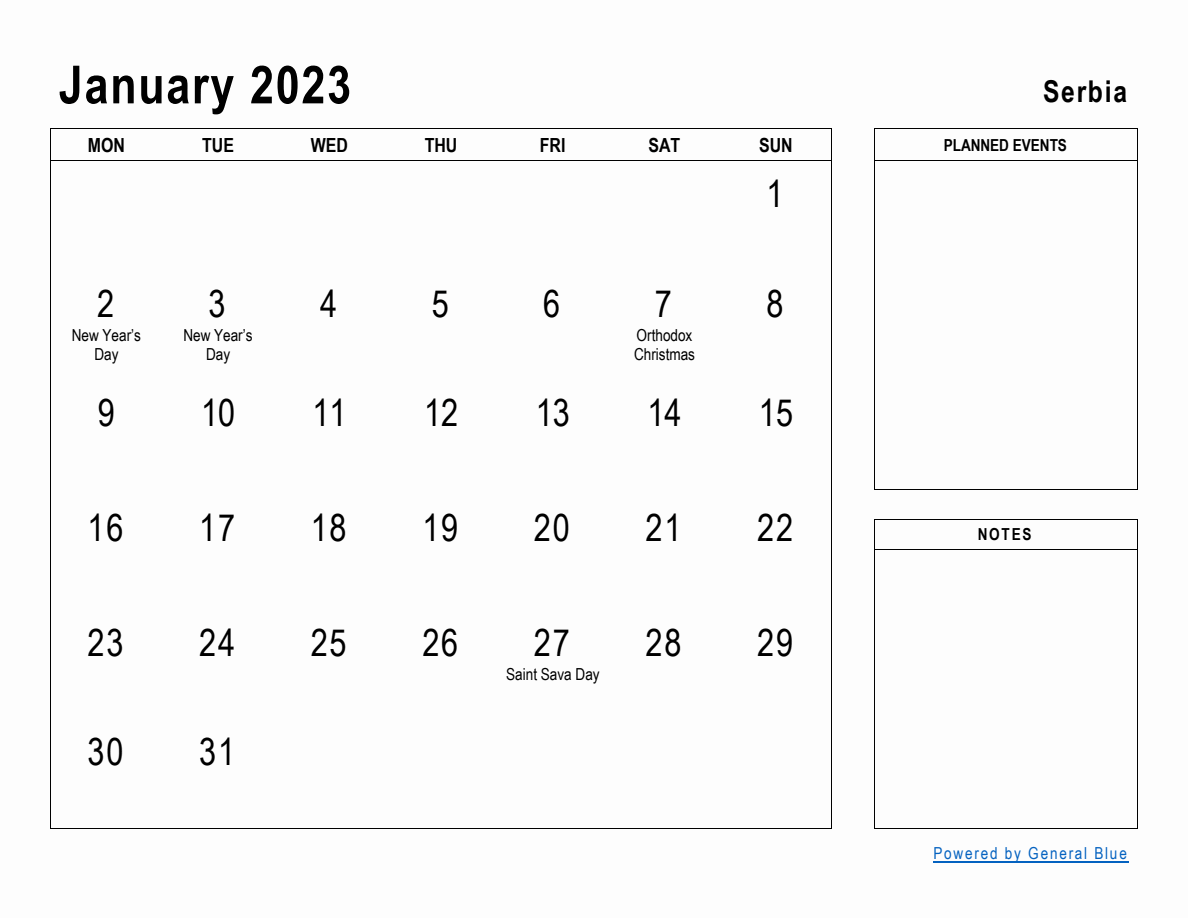 January 2023 Planner with Serbia Holidays