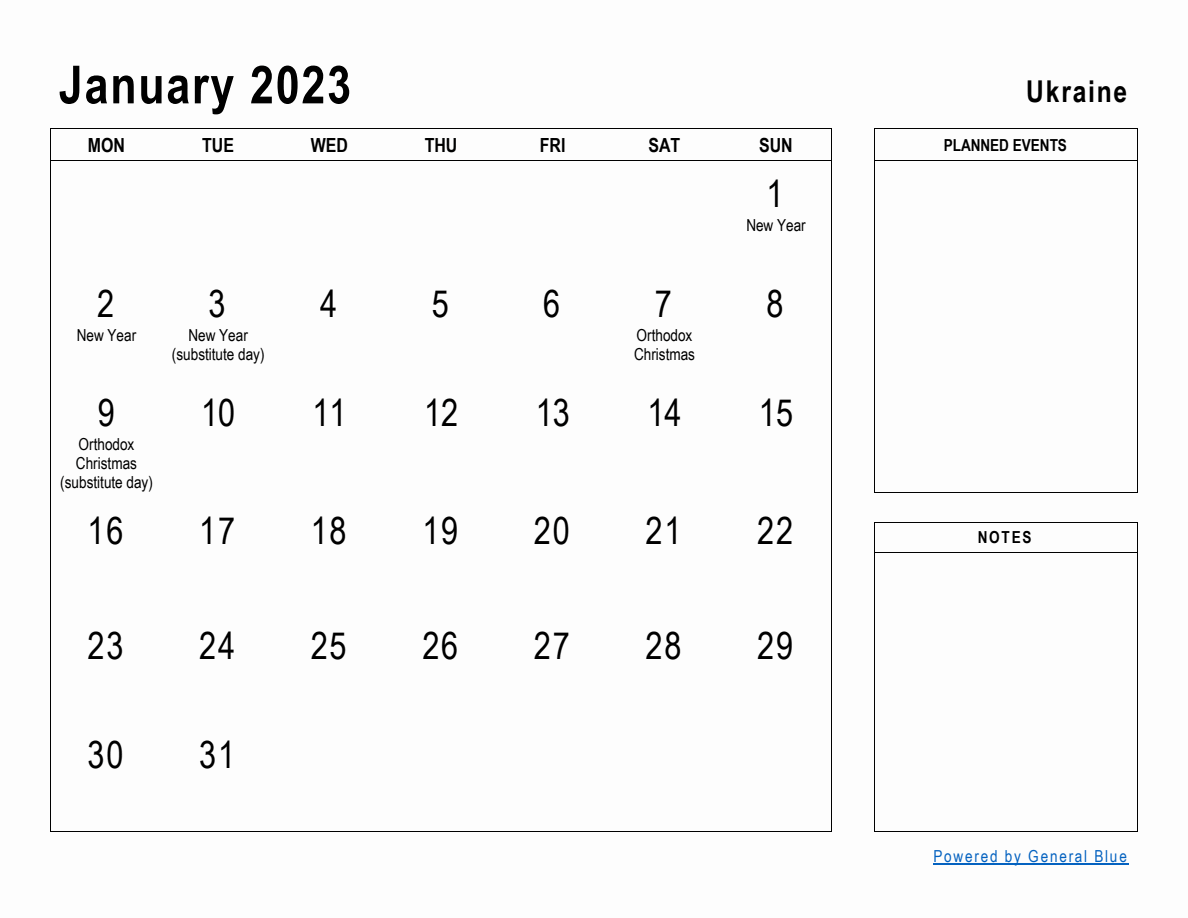 January 2023 Planner with Ukraine Holidays