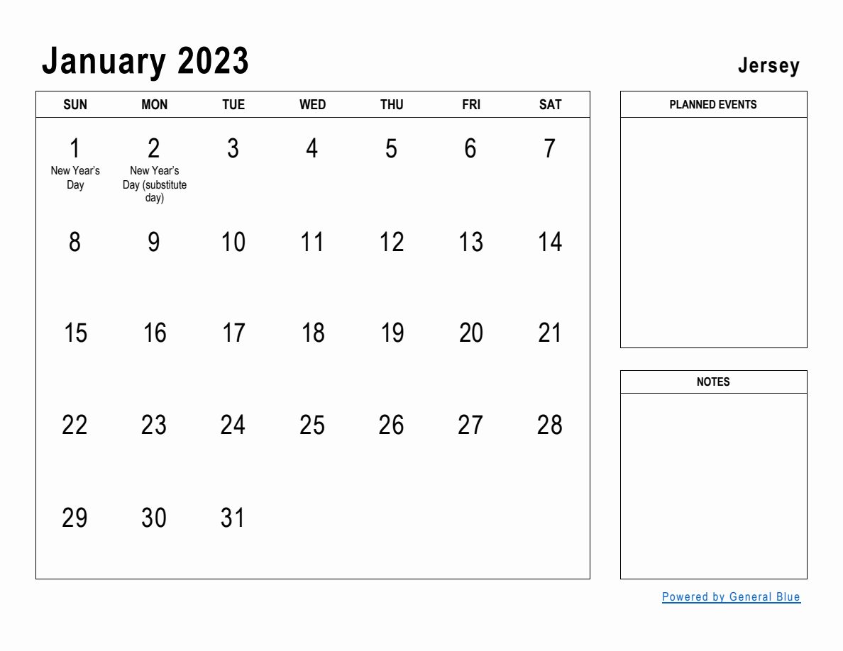 January 2023 Planner with Jersey Holidays