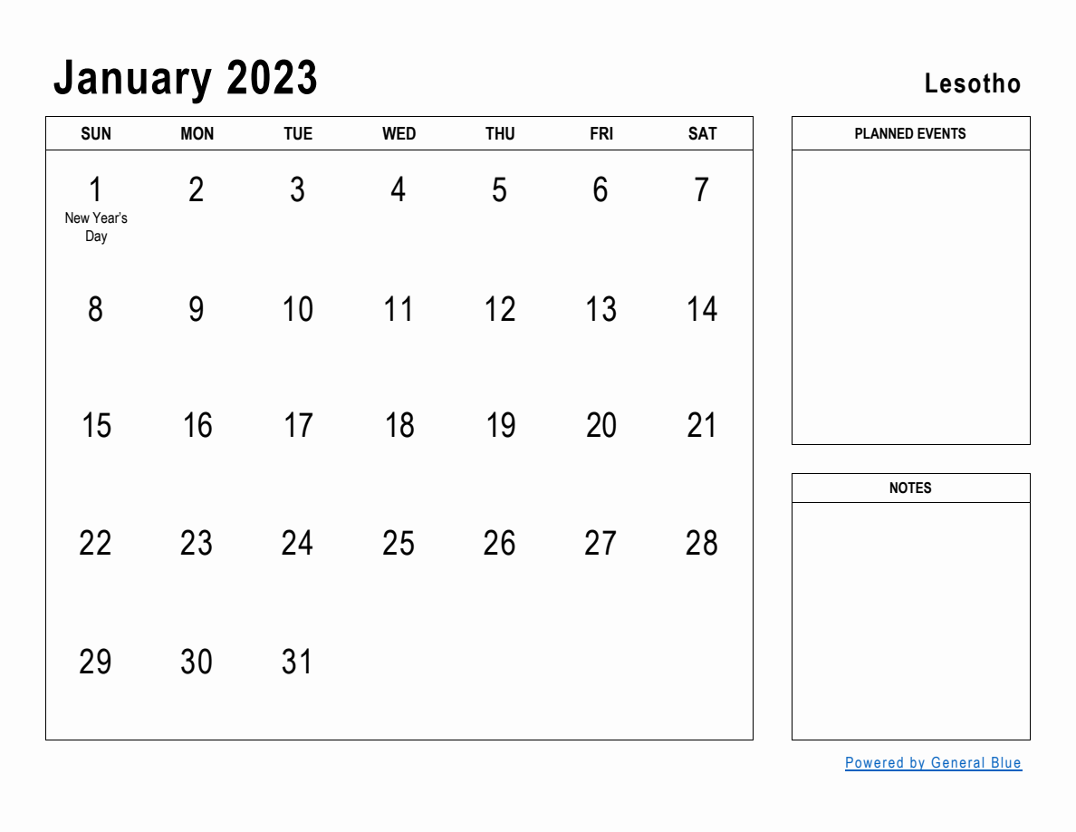 January 2023 Planner with Lesotho Holidays
