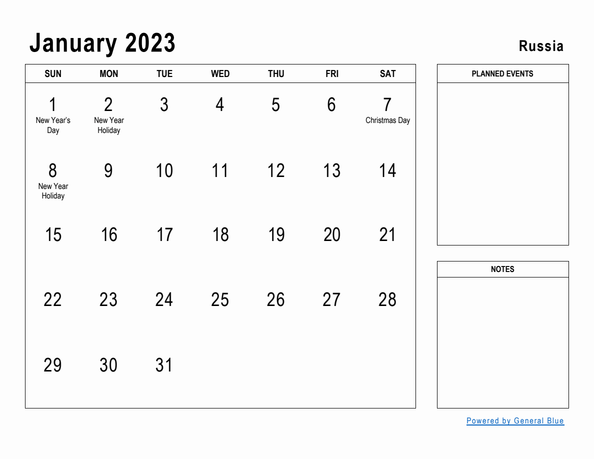 January 2023 Planner with Russia Holidays