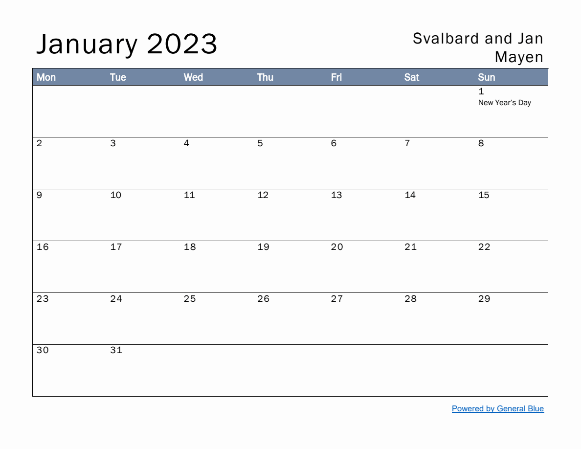 Free Monthly Calendar Template For January 2023 With Svalbard And Jan