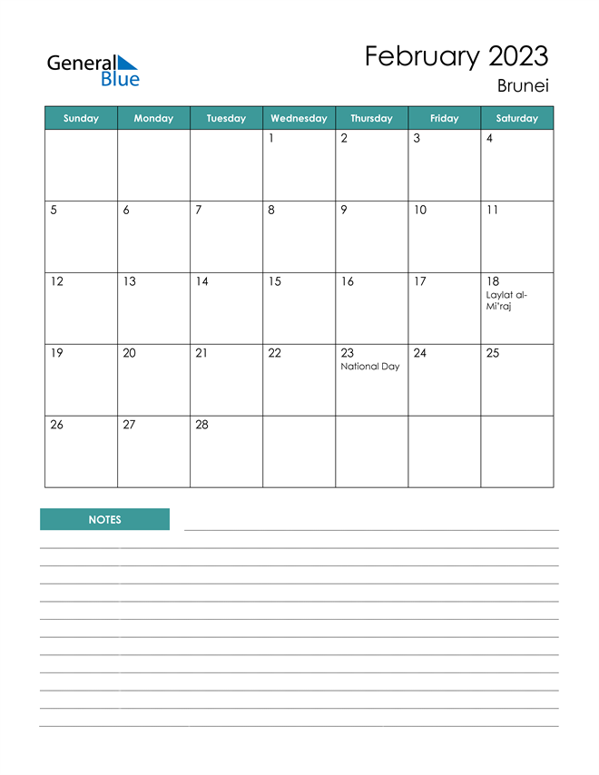 2023 Calendar With Holidays Brunei February 2023 Calendar With Brunei Holidays