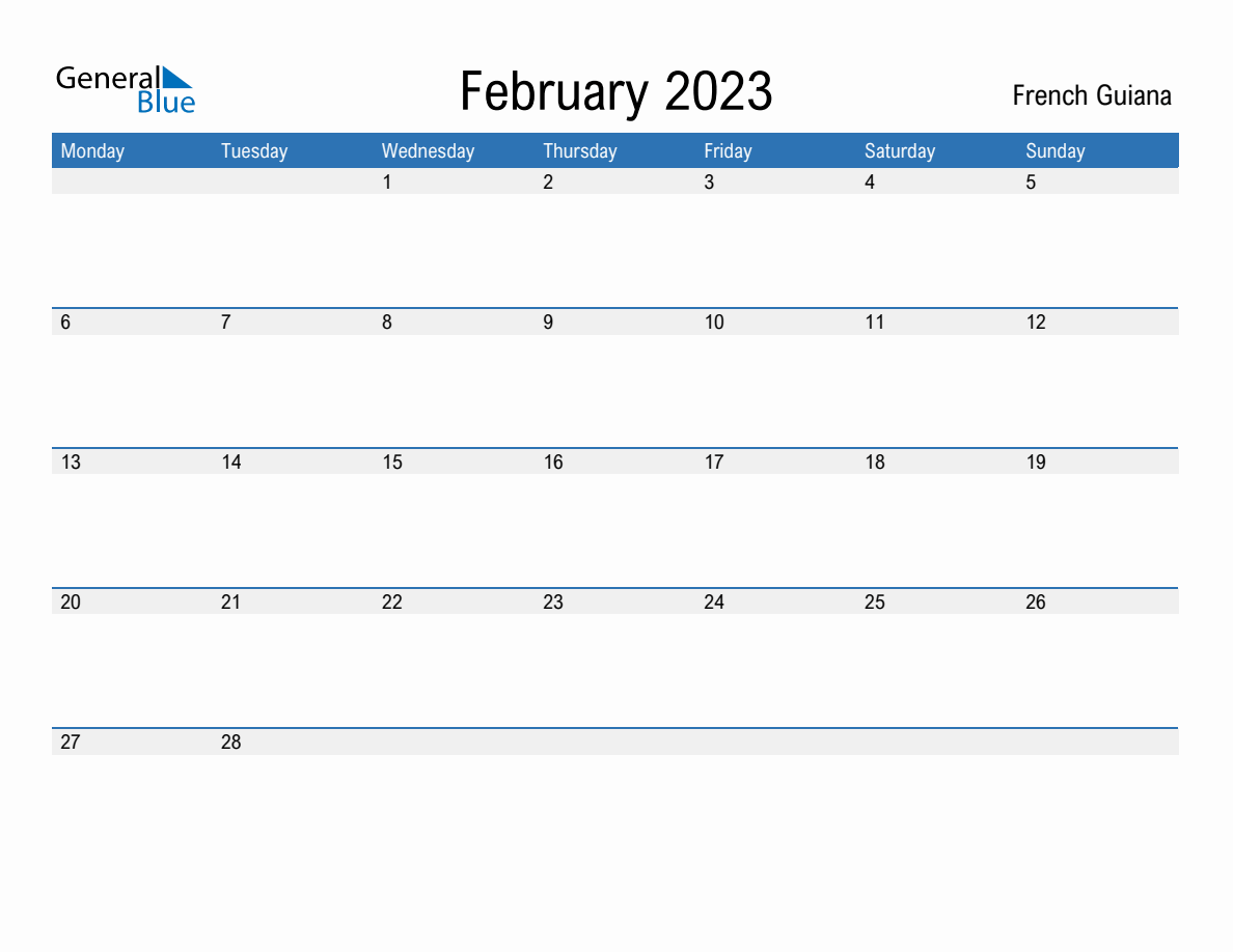 Editable February 2023 Calendar With French Guiana Holidays