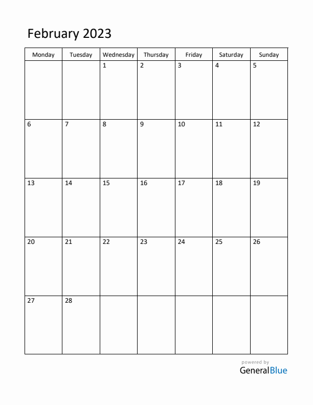 Monday Start Calendar for February 2023