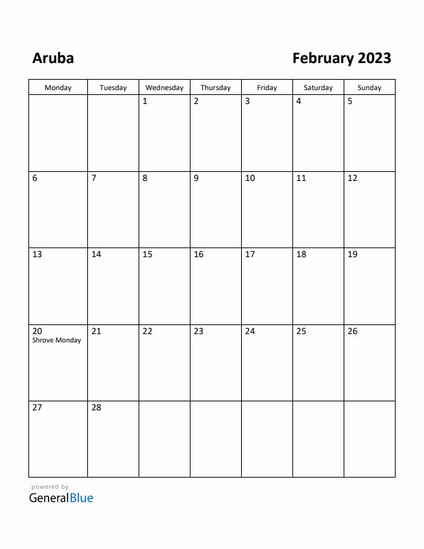 February 2023 Calendar with Aruba Holidays