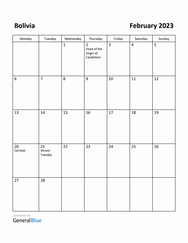 February 2023 Calendar with Bolivia Holidays