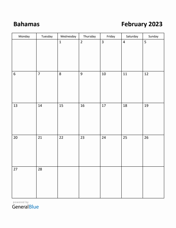 February 2023 Calendar with Bahamas Holidays