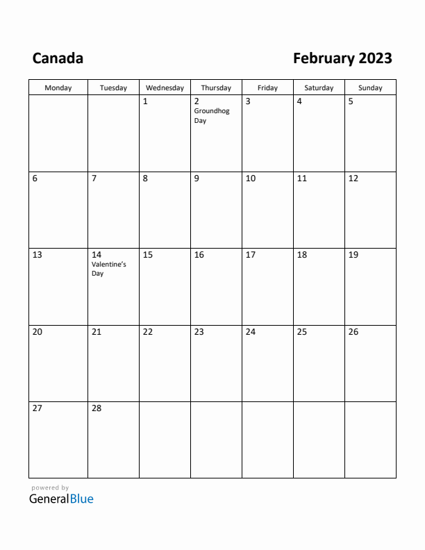 February 2023 Calendar with Canada Holidays