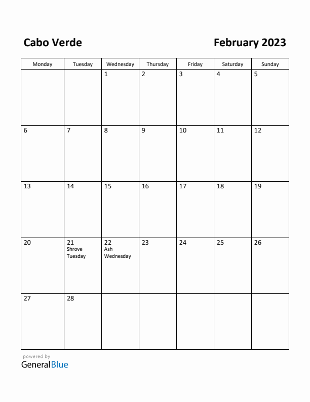 February 2023 Calendar with Cabo Verde Holidays