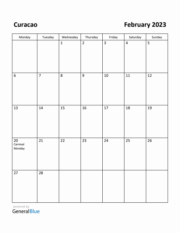 February 2023 Calendar with Curacao Holidays