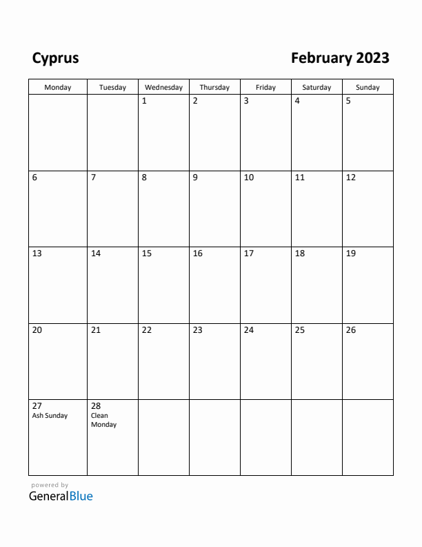 February 2023 Calendar with Cyprus Holidays