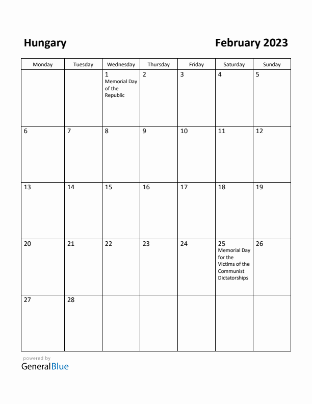 February 2023 Calendar with Hungary Holidays
