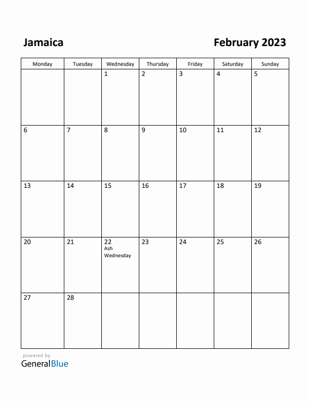 February 2023 Calendar with Jamaica Holidays