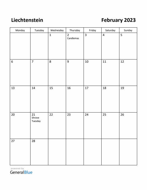 February 2023 Calendar with Liechtenstein Holidays