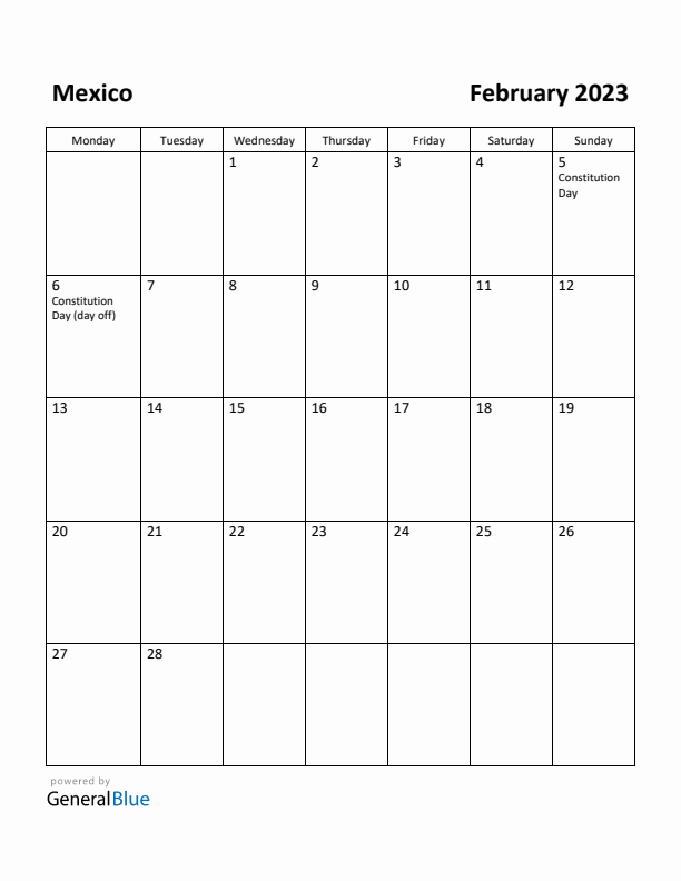 February 2023 Calendar with Mexico Holidays