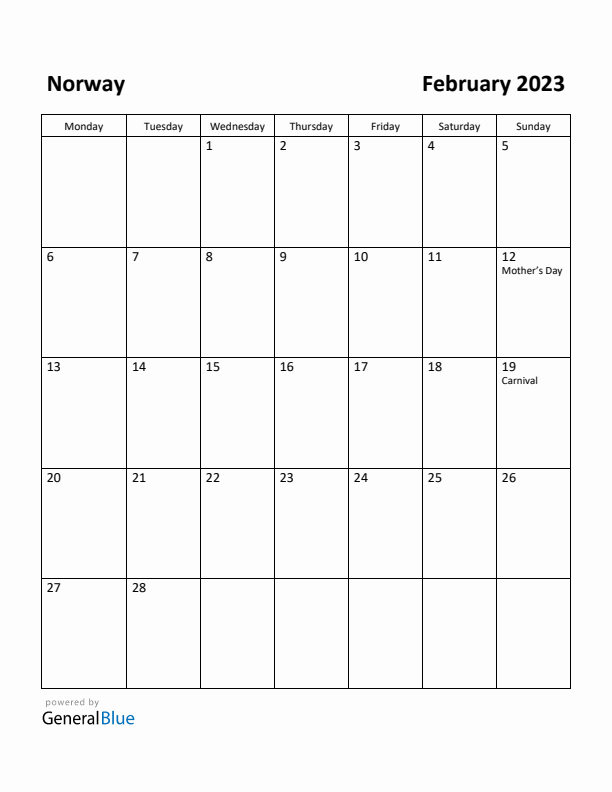 February 2023 Calendar with Norway Holidays