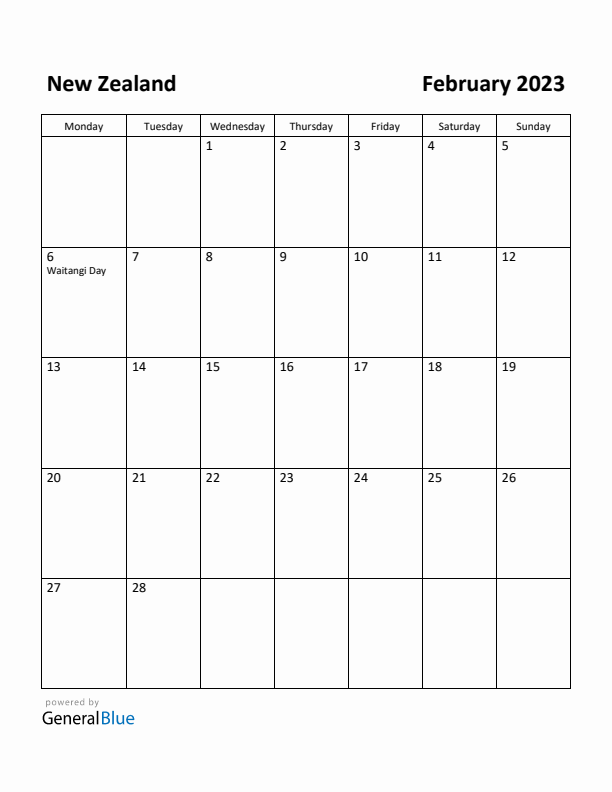 February 2023 Calendar with New Zealand Holidays