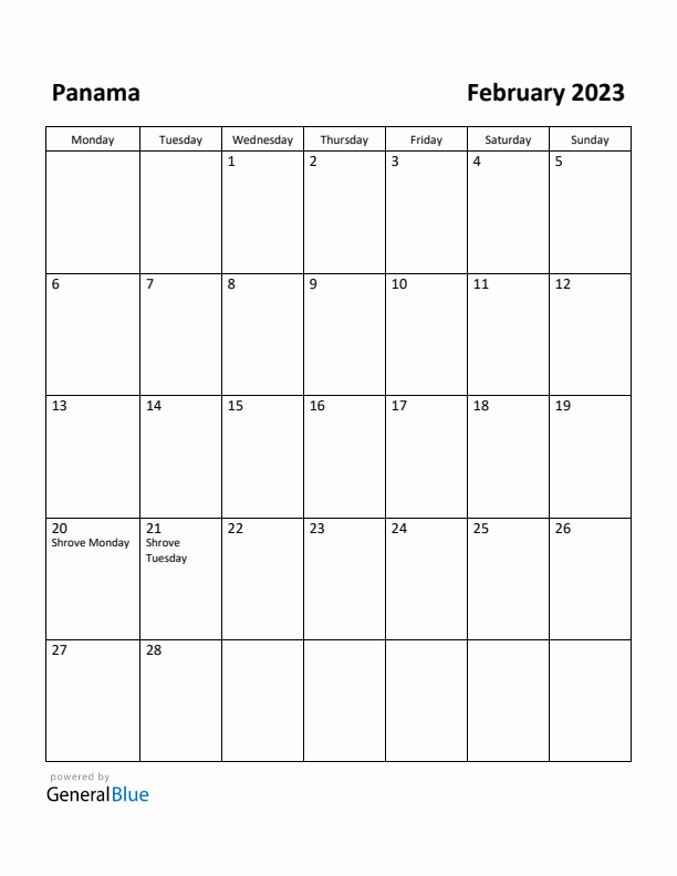 February 2023 Calendar with Panama Holidays