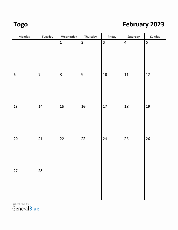 February 2023 Calendar with Togo Holidays