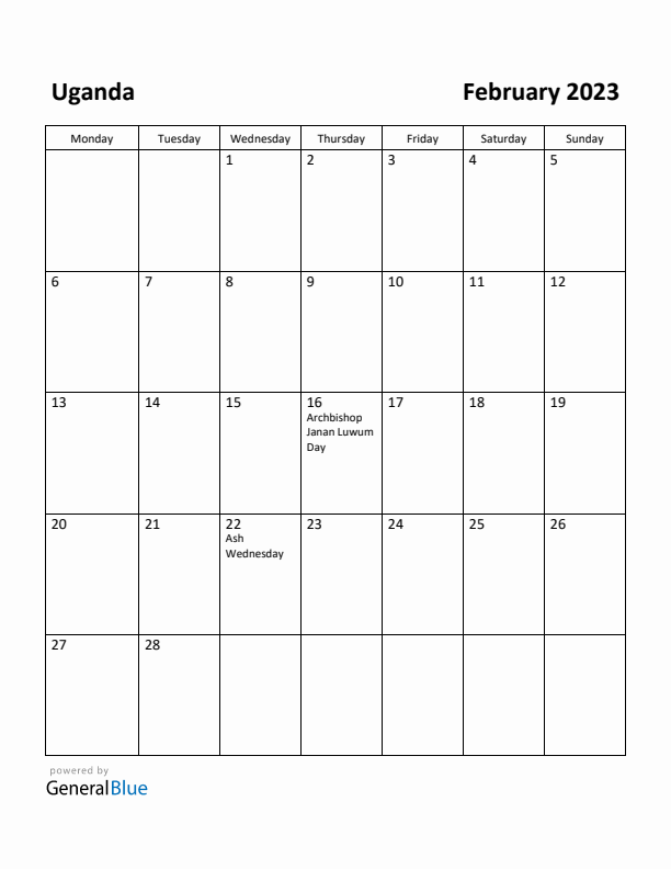 February 2023 Calendar with Uganda Holidays