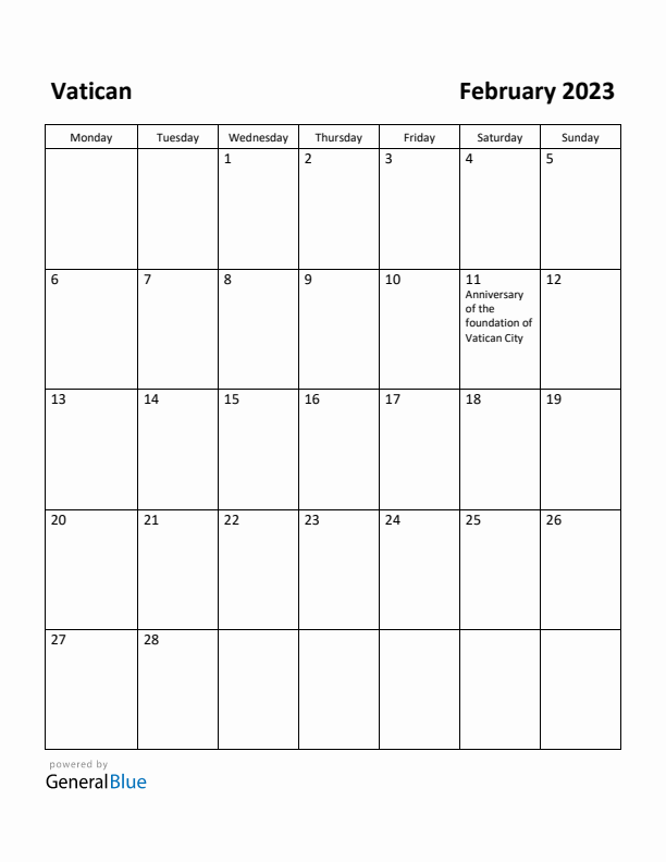 February 2023 Calendar with Vatican Holidays