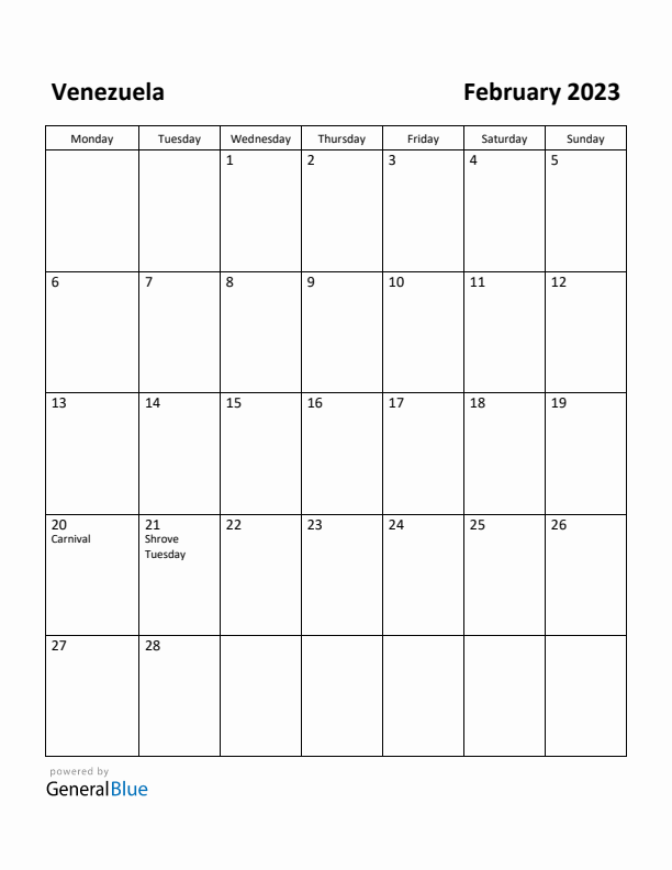 February 2023 Calendar with Venezuela Holidays