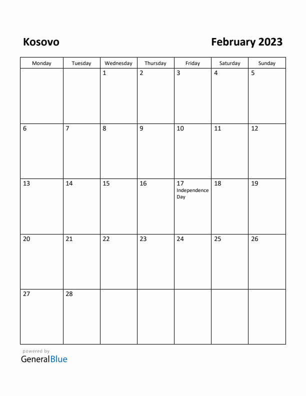 February 2023 Calendar with Kosovo Holidays