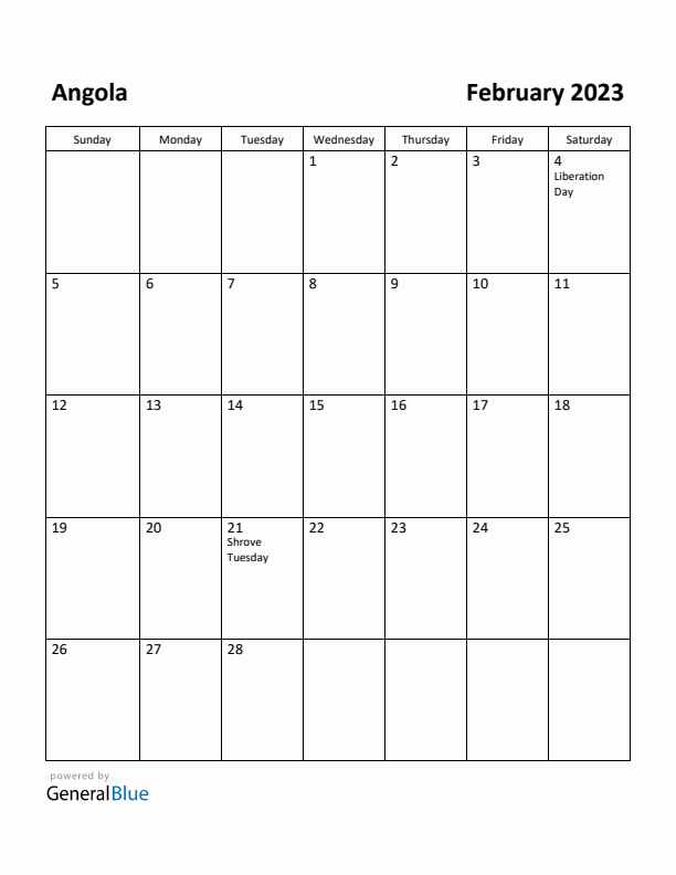 February 2023 Calendar with Angola Holidays