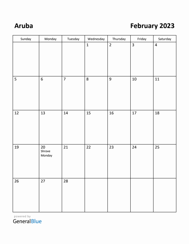 February 2023 Calendar with Aruba Holidays